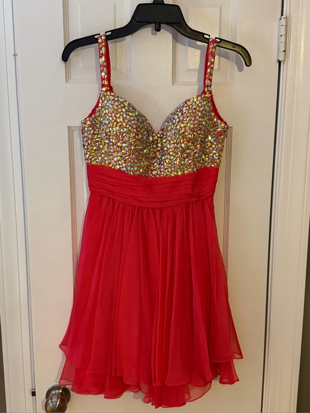 La Femme Red Chiffon Dress with Jeweled Bodice